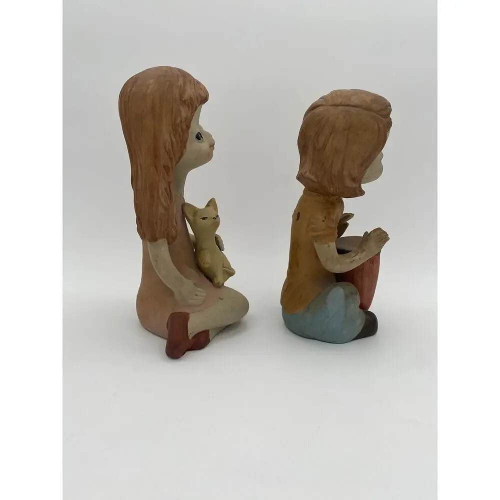 Vintage 1970s Ceramic Boy & Girl Figurine Cat Drum Set of 2